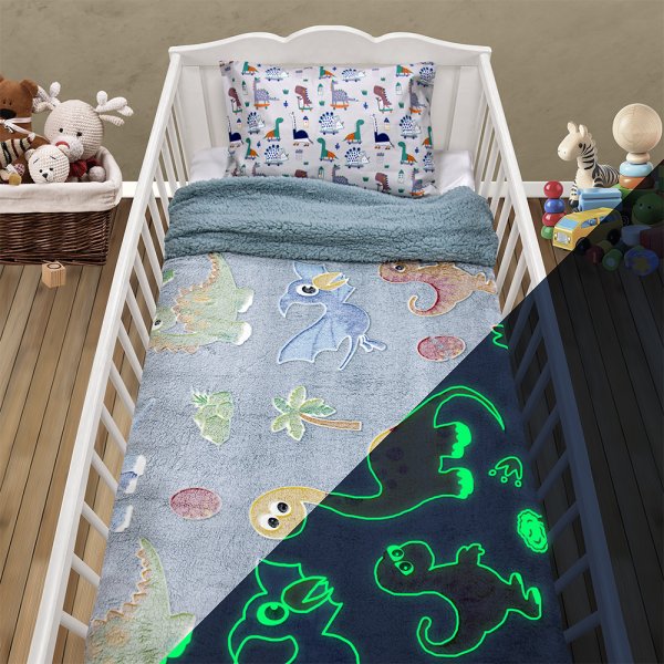 Φωσφοριζέ Κουβέρτα Fleece Sherpa Κούνιας Volcano Gray-Ciel Lino Home