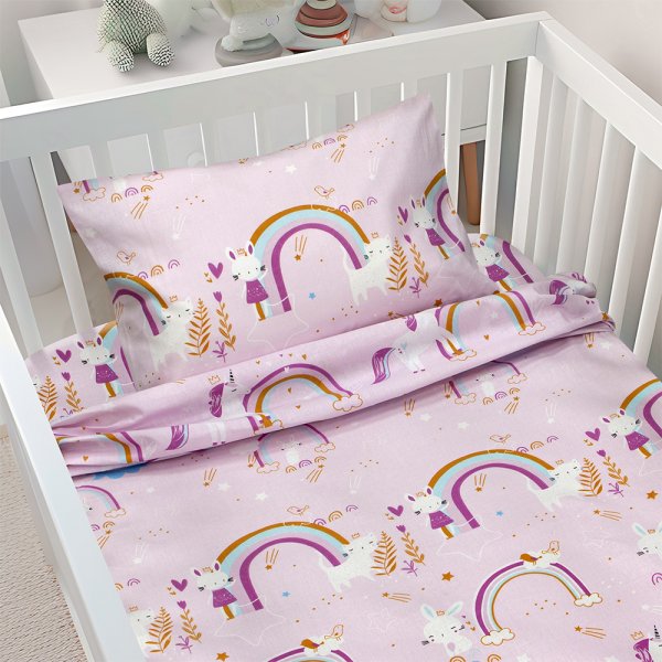 Σετ Σεντόνια Κούνιας Rainbow Gallop Pink Lino Home